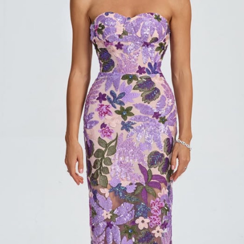 Elegant Purple Floral Strapless Dress w/ extensive sequins and bead work
